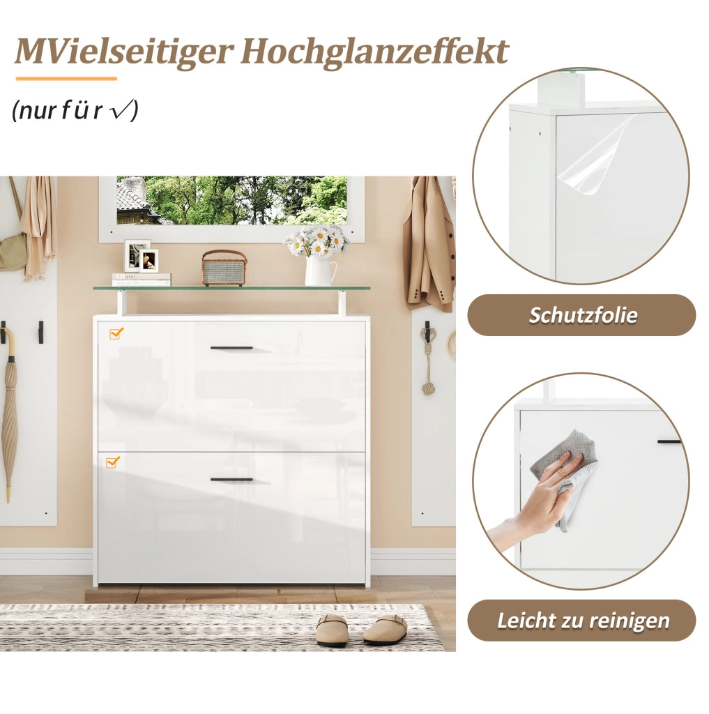 Set ingresso 4 pezzi con specchio e scarpiera 89;5x23x96;5 cm; bianco opaco e vetro