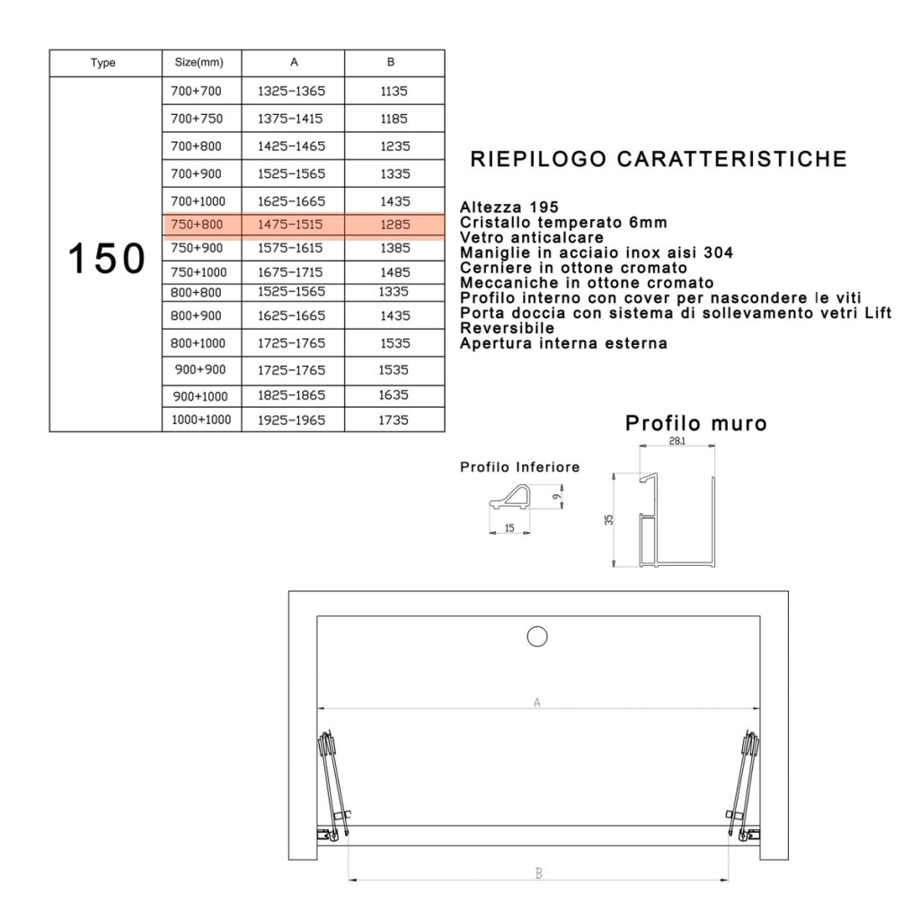 Porta doccia pieghevole ingresso centrale h195cm 6mm rea, misura 150
