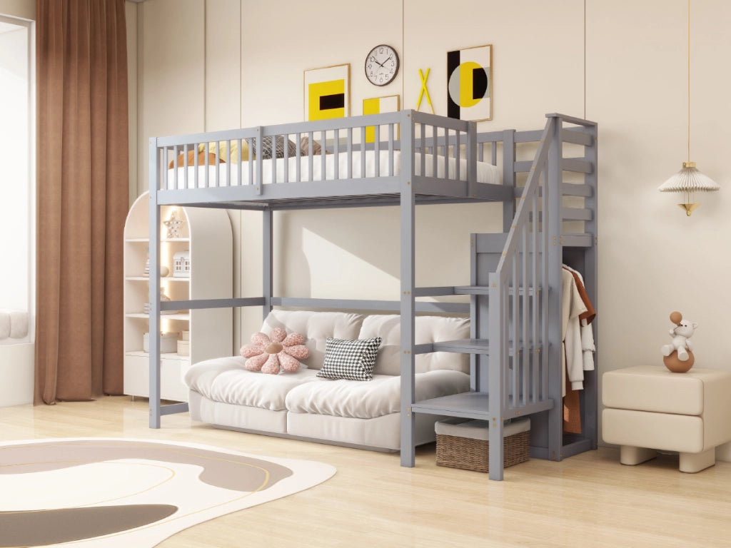 Letto a castello grigio con scala funzione contenitore in legno 90x200 cm