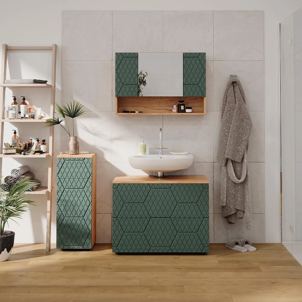 Set mobili bagno Irma, Quercia verde/oro, 3 pezzi, con cassettiera e mobile midi