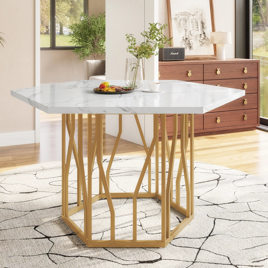 Tavolo da pranzo esagonale con piano effetto marmo, struttura in metallo, per sala da pranzo, nero e oro, 115,5 × 100 × 75 cm