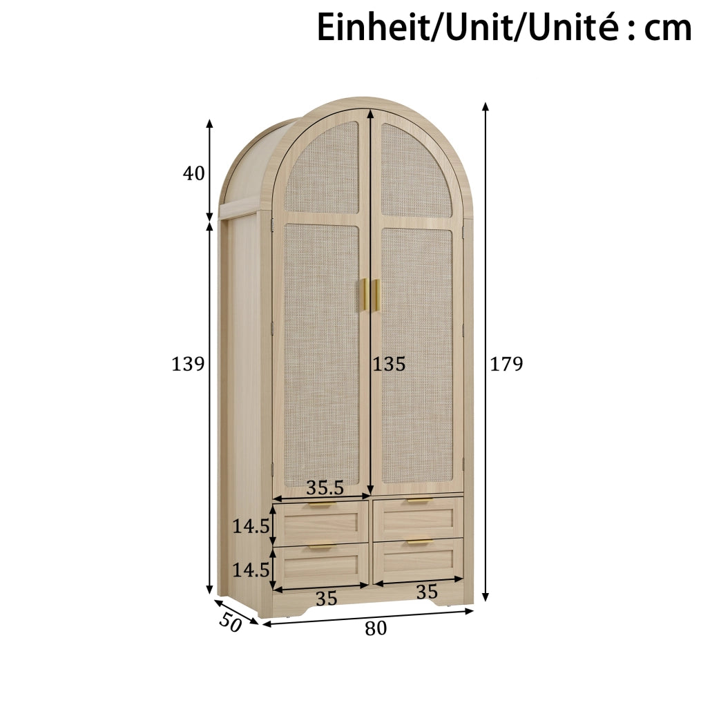 Armadio moderno con ante curve e inserti in rattan 80x50x179 cm; MDF colore quercia