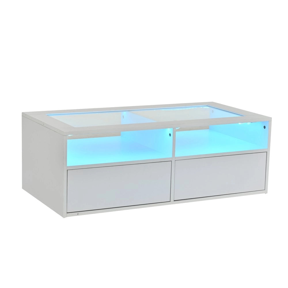 Tavolino da Caff¨¨ con LED e 2 Cassetti ¨C MINIMAL ¨C Vetro Bianco, Doppio Piano, 100x50x35