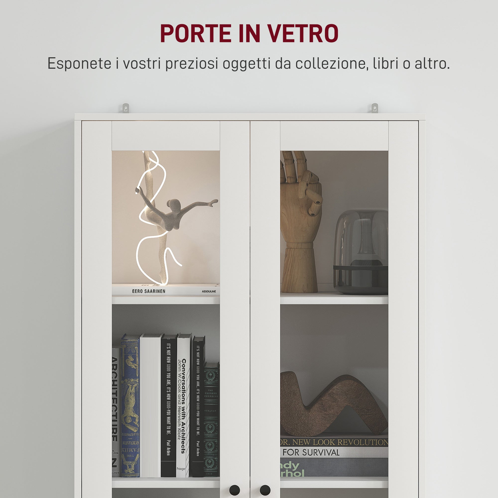 Credenza Cucina 59x30x164 cm Ante in Vetro e 2 Cassetti Bianco