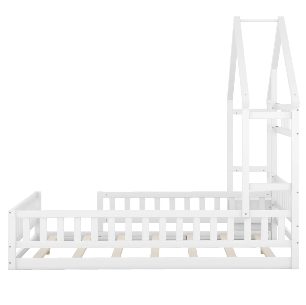 Letto per bambini a forma di casetta 140x200 cm con sponda di sicurezza e comodino; bianco