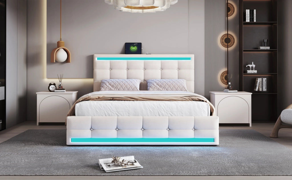 Letto imbottito con LED, 2 USB, contenitore e testiera regolabile, 140x200 cm, lino beige