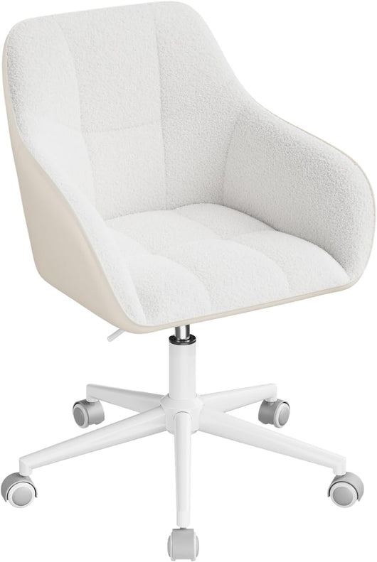 Sedia Ufficio con Braccioli e Rotelle, Poltroncina Regolabile in Altezza Girevole, Sedia da Trucco, Bouclé + PU, Crema+Grigio BS175grcm