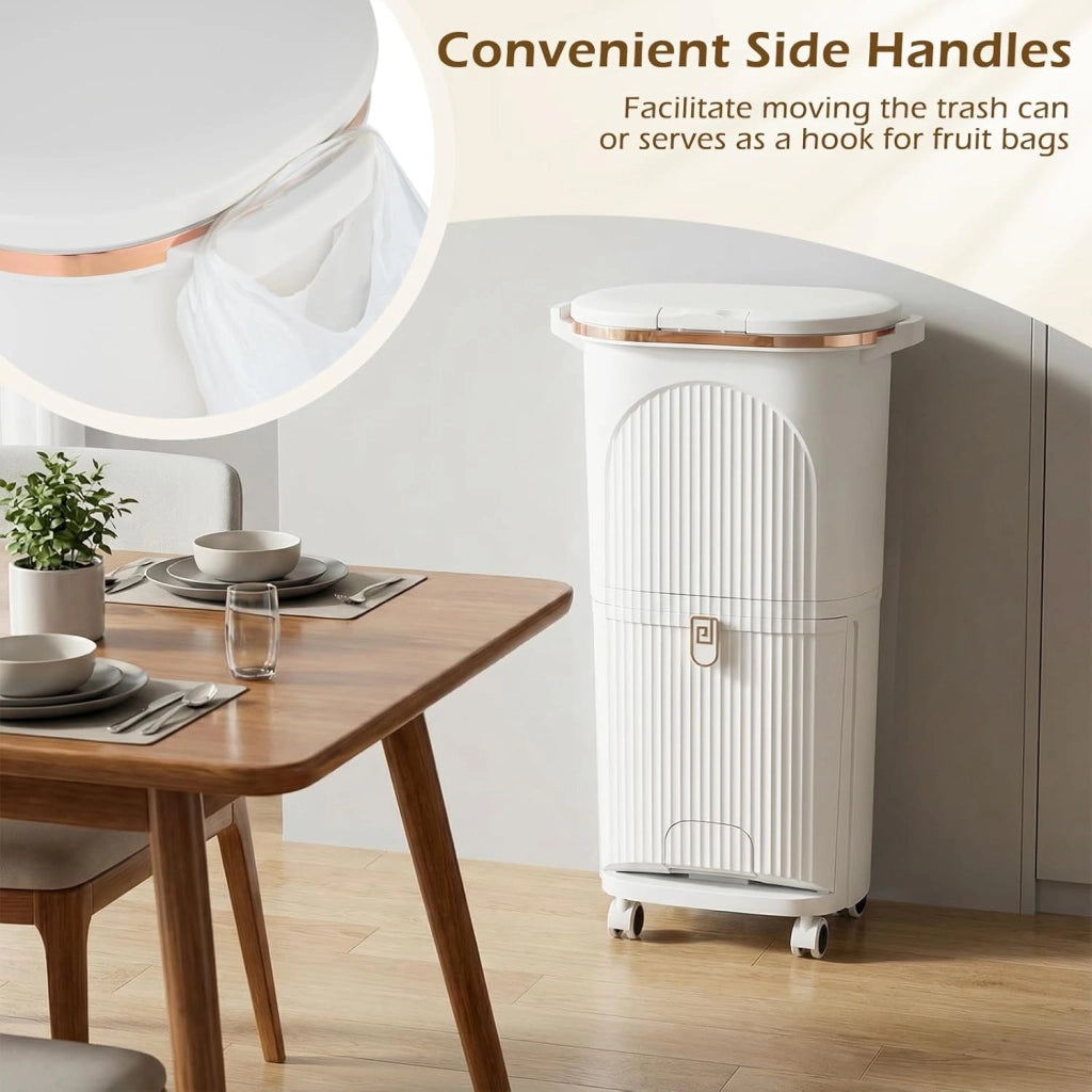 Pattumiera da cucina a 3 scomparti, 38 l, pattumiera con ruote, pattumiera a pedale con coperchio, pedale e manico, a doppio piano, in plastica, sistema di raccolta differenziata della