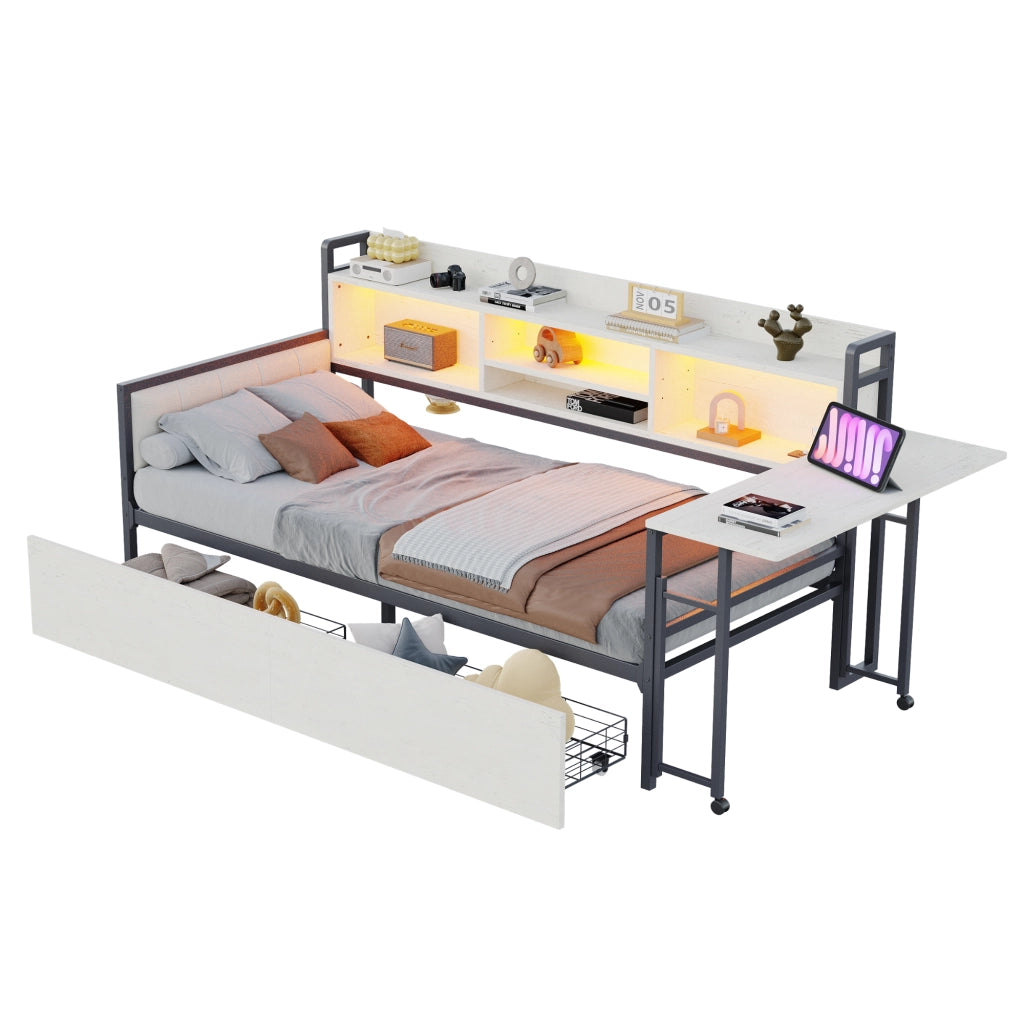 OKWISH Letto a Divano 90×200 cm, Letto Singolo con 2 Cassetti, LED, USB, Tipo C e Scrivania Ribaltabile, senza Materasso, Metallo, Bianco