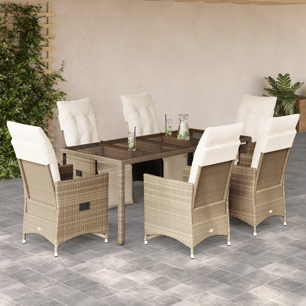 Set da BistrÃ² da Giardino 7 pz con Cuscini Beige in Polyrattan