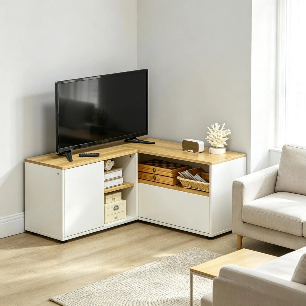 MOBILE TV Angolare 90x90x45 cm Bianco ed Effetto Legno in Pannello Truciolare