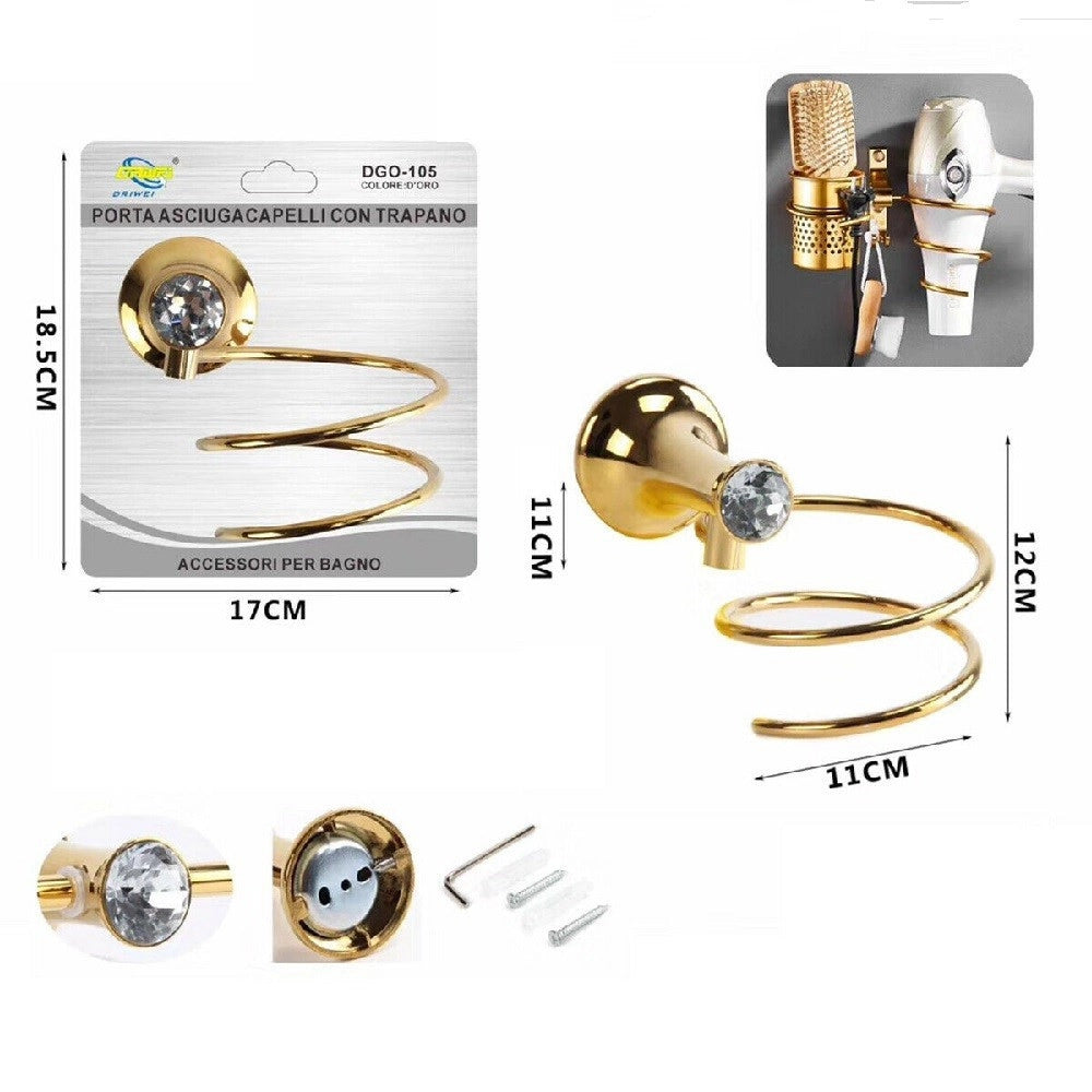 Trade Shop - Supporto Bagno Porta Asciugacapelli Phon Da Parete Casa Hotel Dorato Oro Dgo-105 -