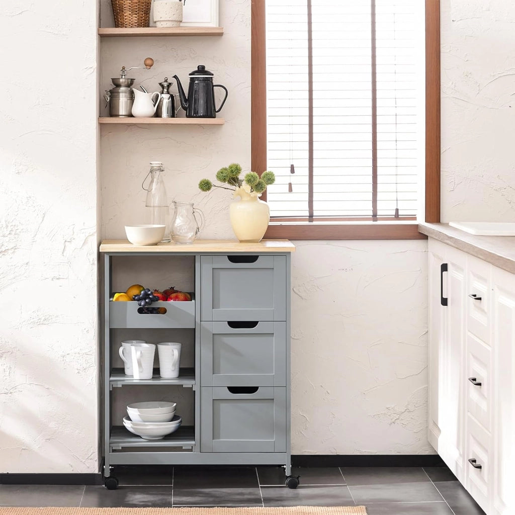 Carrello Cucina con 3 Cassetti e 1 Cestino, Mobiletto Cucina Salvaspazio con 4 Ruote Girevoli, Credenza Cucina o Bagno, Mobiletto Cucina Dispensa, L68 x P38 x A85 cm, grigio,FKW79-HG