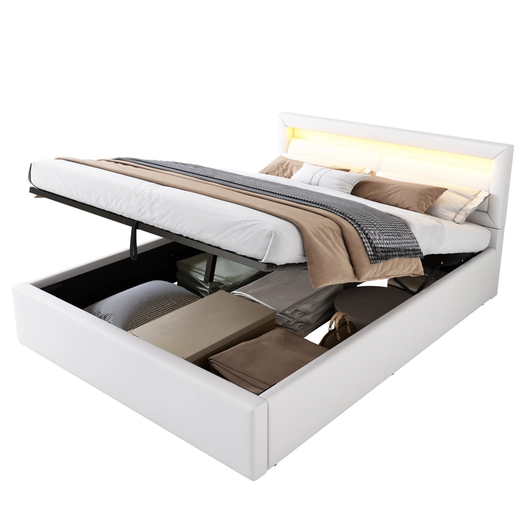 OKWISH Letto Contenitore 140×190 cm, Letto Matrimoniale con LED Regolabile e Testiera, senza Materasso, in Ecopelle PU, Bianco
