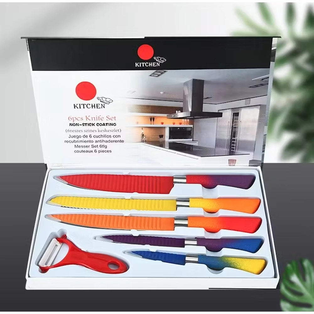 Trade Shop - Set Di Coltelli Da 6pz Colorati Con Lama In Rilievo Maniglia Antiscivolo Utensili Cucina -