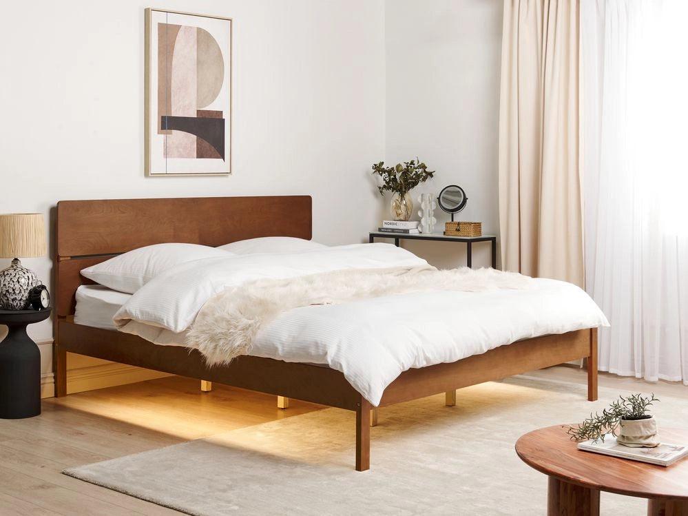Letto in marrone scuro UE matrimoniale 180 x 200 cm con testiera a doghe Stile rustico minimalista con LED
