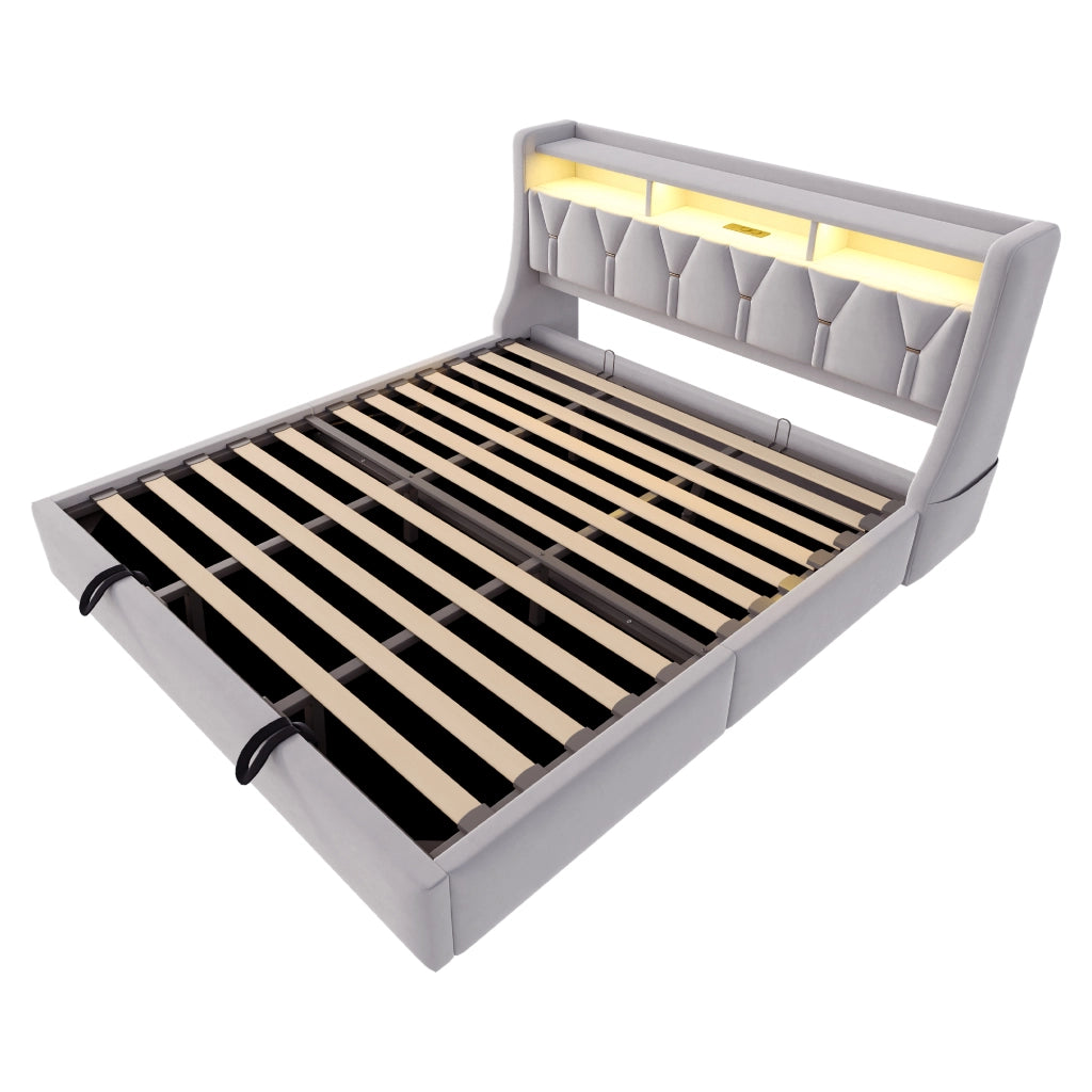Letto imbottito 180x200 cm con contenitore idraulico, testiera reclinabile con prese USB e USB-C, LED e rivestimento in velluto grigio chiaro