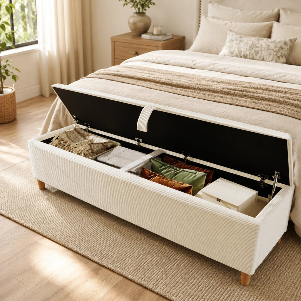 Panca da letto 165x38x46 cm con spazio contenitore idraulico in velluto a coste e legno beige