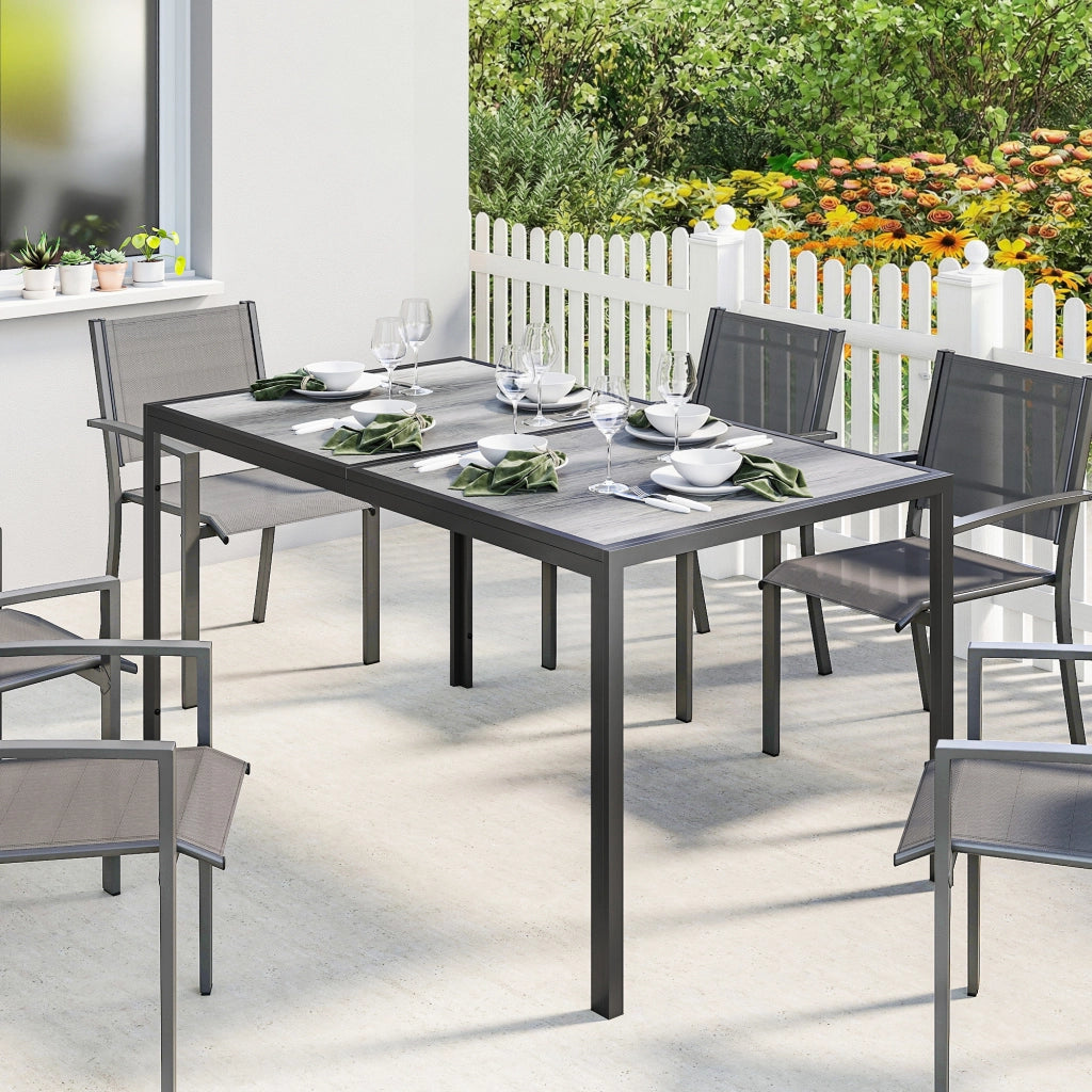 Tavolo da Giardino 4-6 Persone 150x80x74 cm con Piano Effetto Legno in Acciaio e Plastica Grigio e Nero