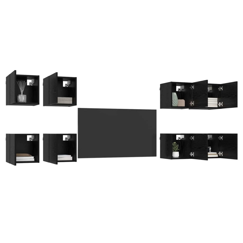 Mobile TV da parete 8 pz Rovere Nero Legno ingegnerizzato 3438615