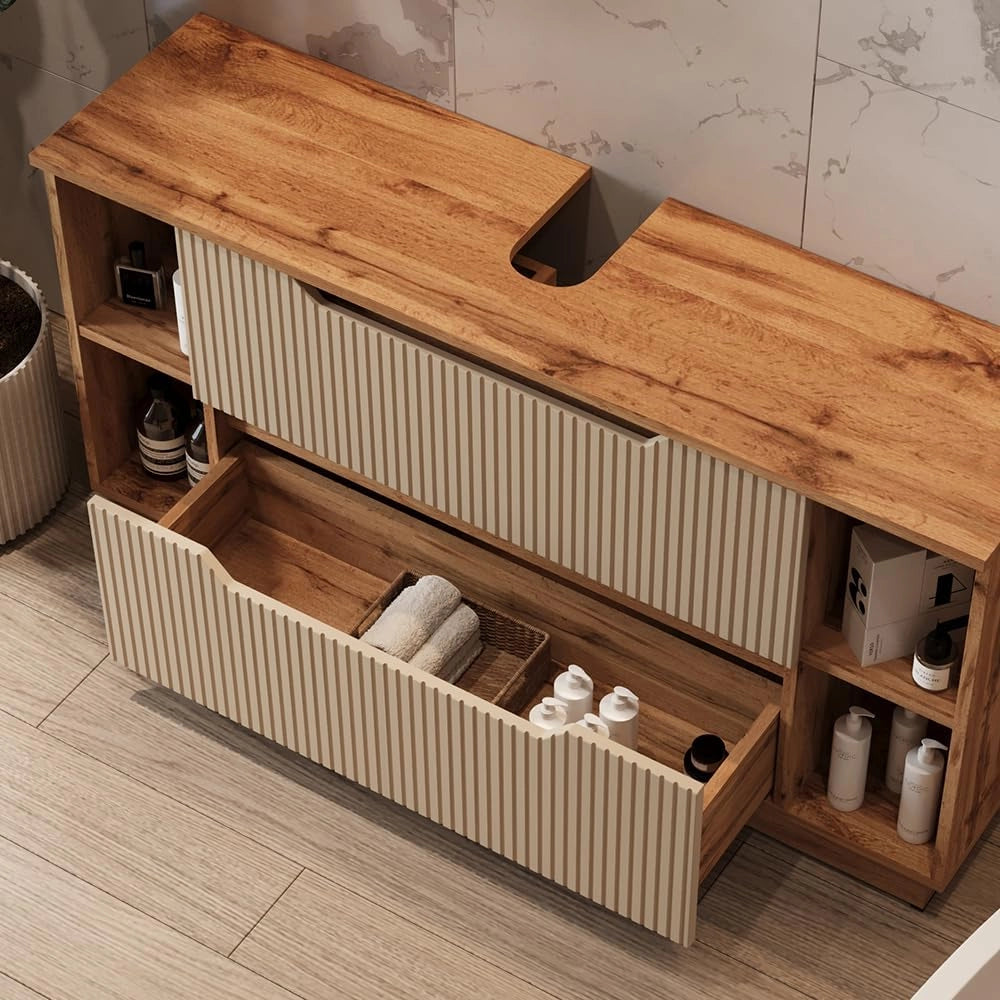 Mobile sottolavabo per bagno Lotta, Rovere/cashmere a righe, 119.2 x 62.5 cm con 2 cassetti