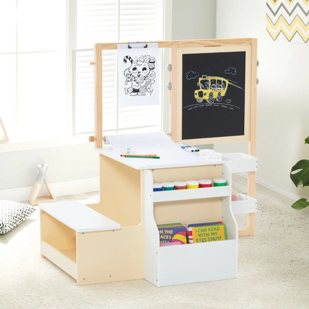 Set tavolo e panca per bambini con cavalletto regolabile a doppia faccia, Centro artistico in legno 114x81x100cm Bianco-Tavoli e sedie