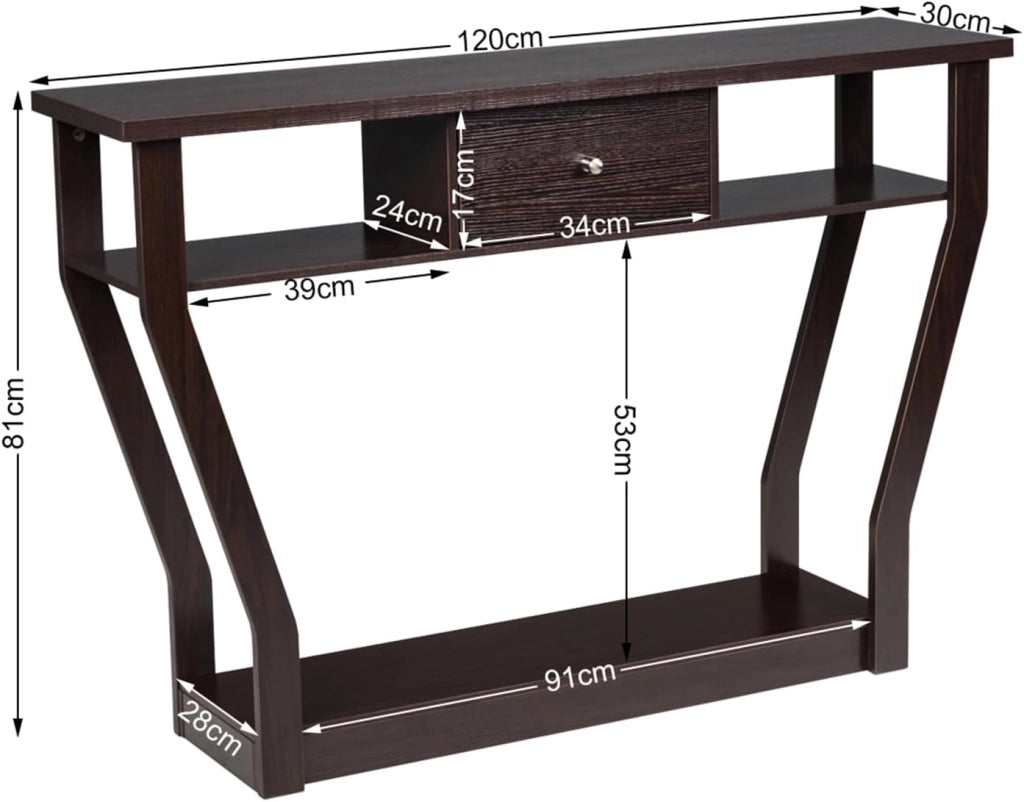 Tavolo Consolle in Legno, Consolle con Cassetto e Ripiani, Tavolo d'Ingresso Multiuso per Salotto, Corridoio e Entrata 120 x 30 x 81 cm (Marrone)