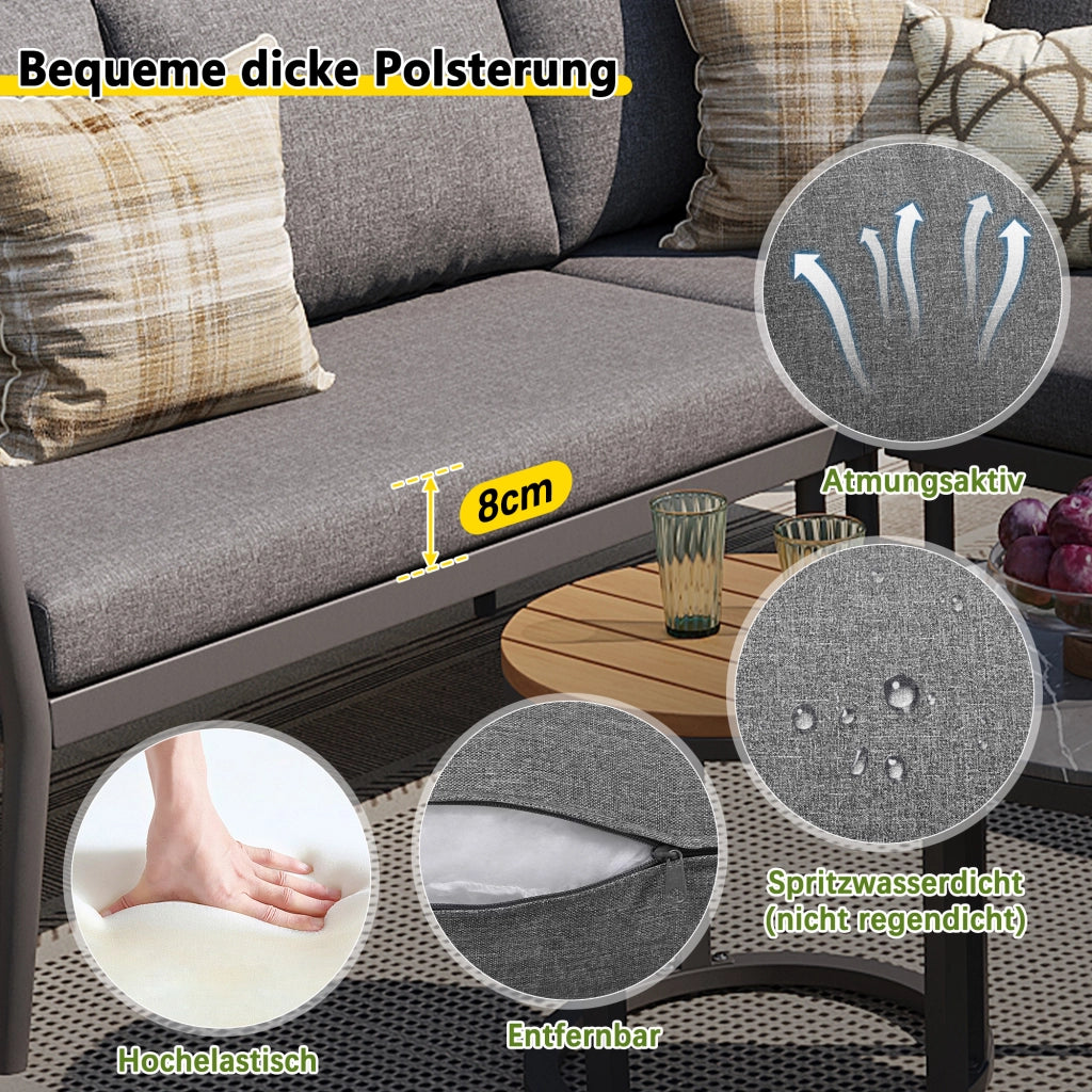 Set lounge da giardino modulare 6 pezzi con 2 tavolini in metallo e olefin grigio