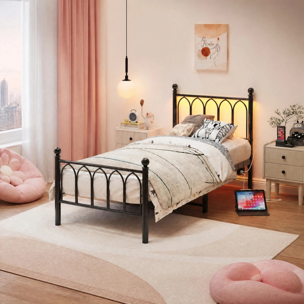 LETTO in metallo 90x200 cm Nero con LED, USB e presa, senza materasso