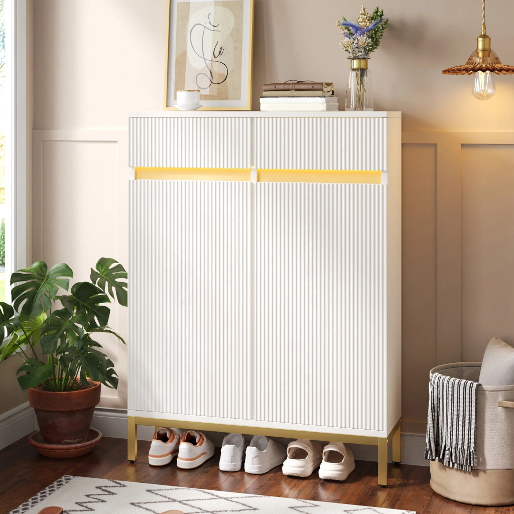 Scarpiera bianca con LED; 2 cassetti e 2 ante; ripiani regolabili; 80x35x103 cm