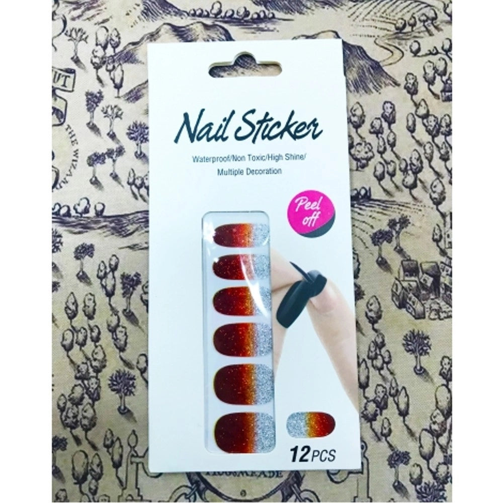 Trade Shop - Nail Art Stickers Rosso Argento Glitter 12 Decorazioni Adesiva Peel Off Unghie -