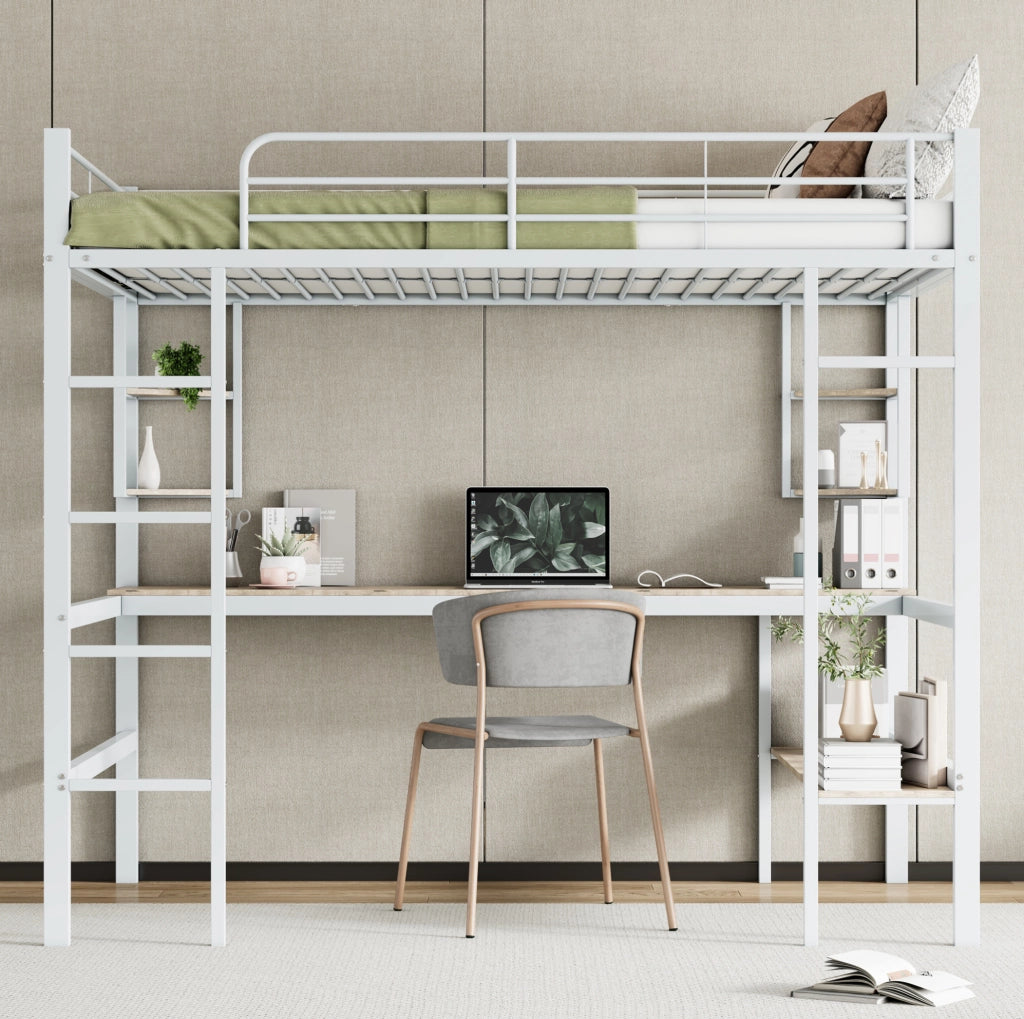 Letto a soppalco 140x200 cm con scrivania e libreria in metallo bianco