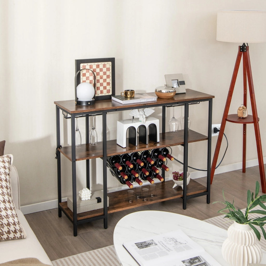 Mobile bar vino con 3 ripiani porta calici porte USB e prese struttura in metallo-Portabottiglie industriale Marrone