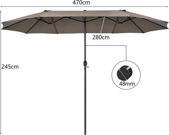 Ombrellone da Giardino Doppio 470 cm, Ombrello per Esterno con Manovella e 12 Stecche, Ombrello Rettangolare Pieghevole, per Giardino Piscina Terrazza, 470 x 280 x 245 cm (Marrone)