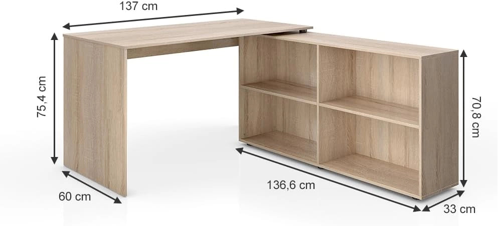 Scrivania angolare FlexPlus, Sonoma, 137 x 60 cm, con scaffale aperto e possibilità di posizionamento variabile