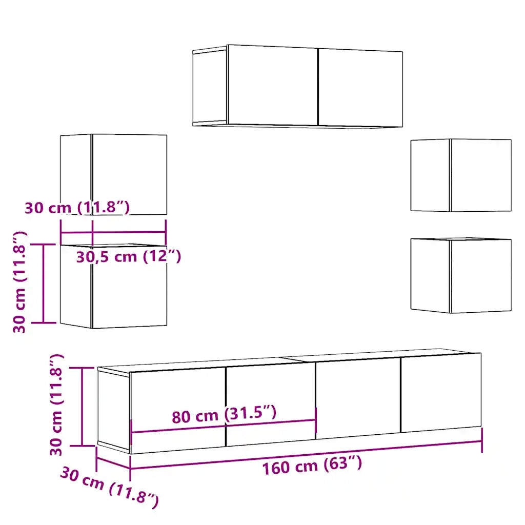 Set Mobile TV 7 pz Montato a Parete Rovere in Legno Multistrato