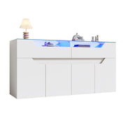 Credenza 140x40x70 cm in MDF bianco con piano in vetro temperato， 2 cassetti e LED
