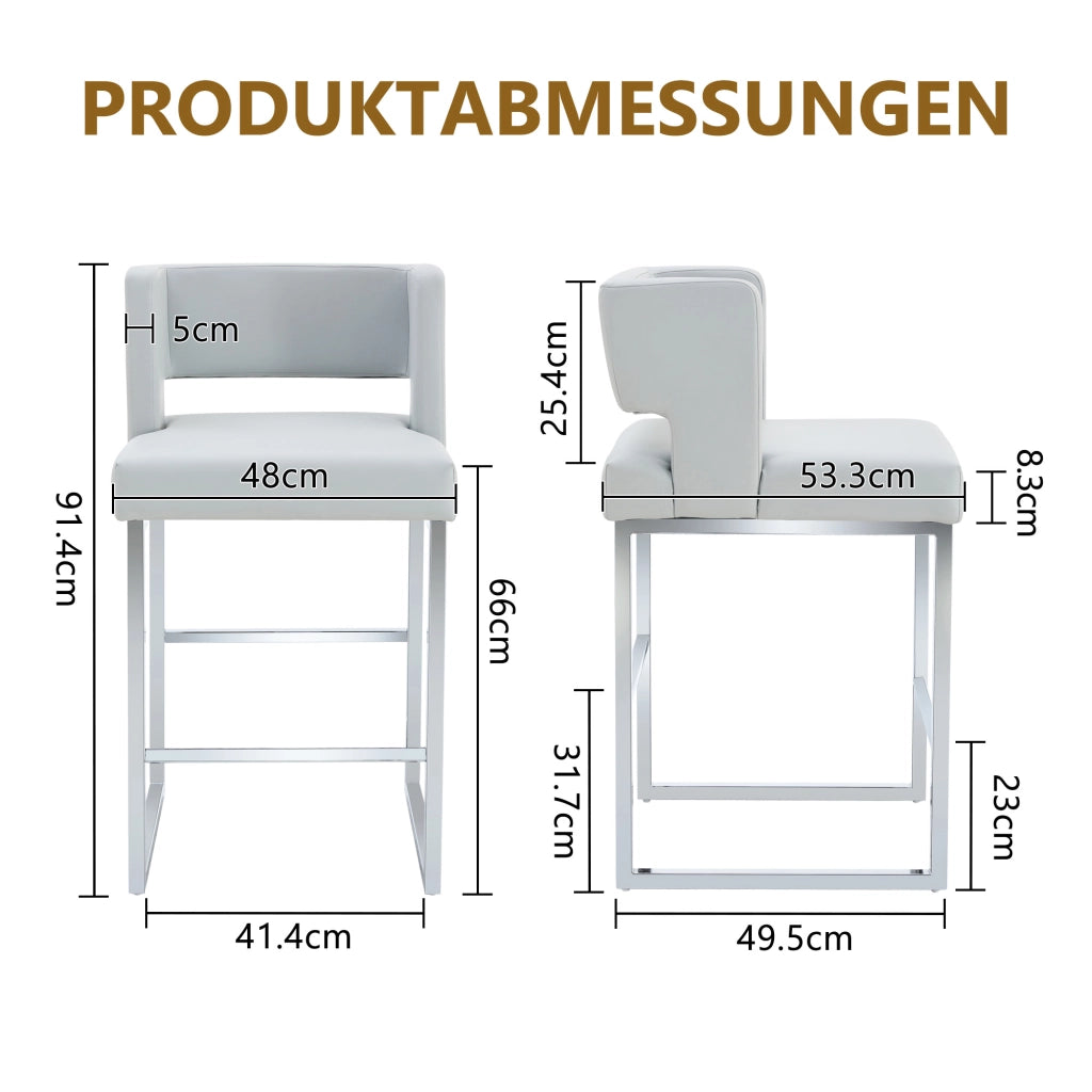 Set di 2 sgabelli da bar nordici grigio chiaro, seduta imbottita quadrata in PU e gambe in metallo argentato