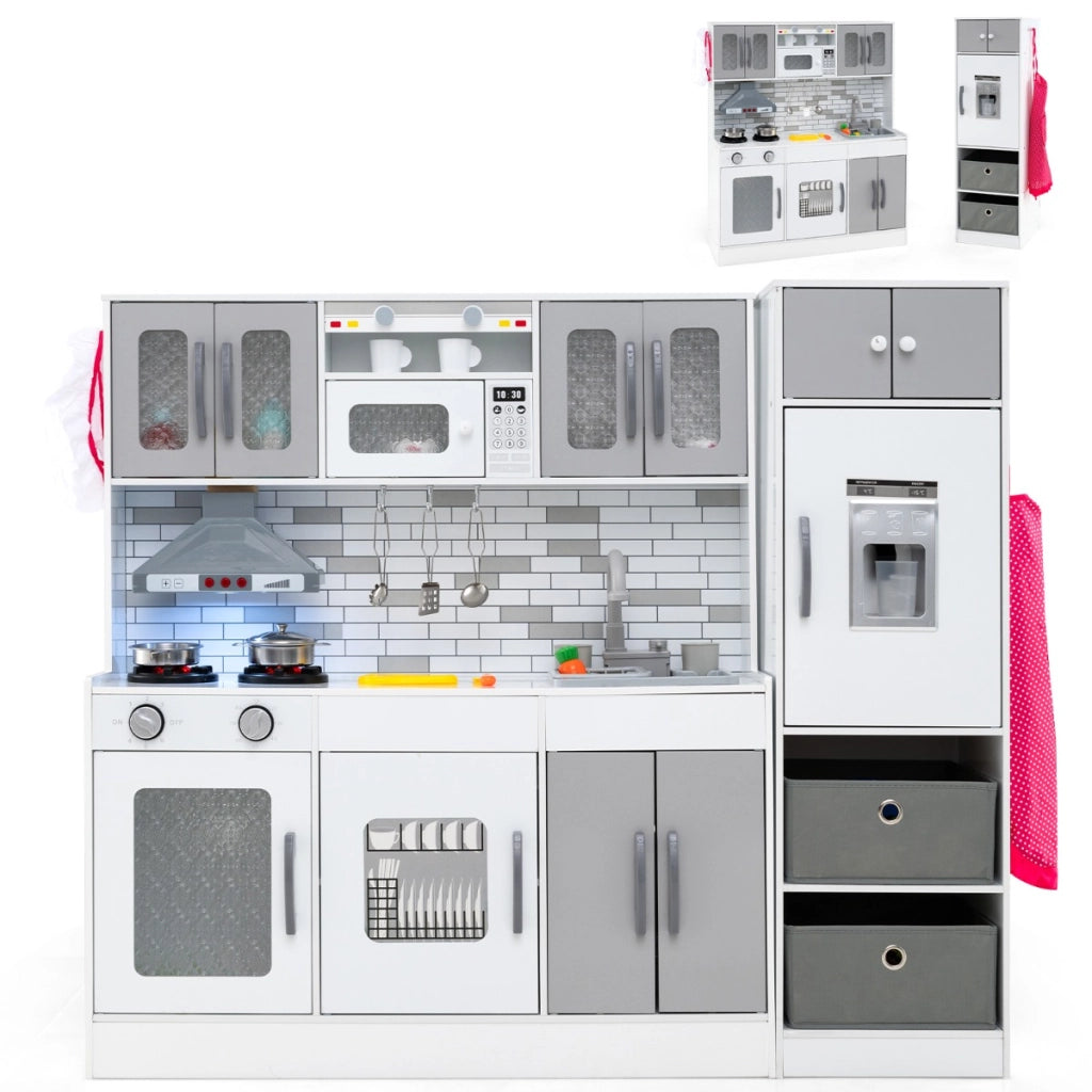 Cucina legno da gioco con spazio di stoccaggio e accessori, Cucina legno da gioco con luci e funzioni interattive Grigio