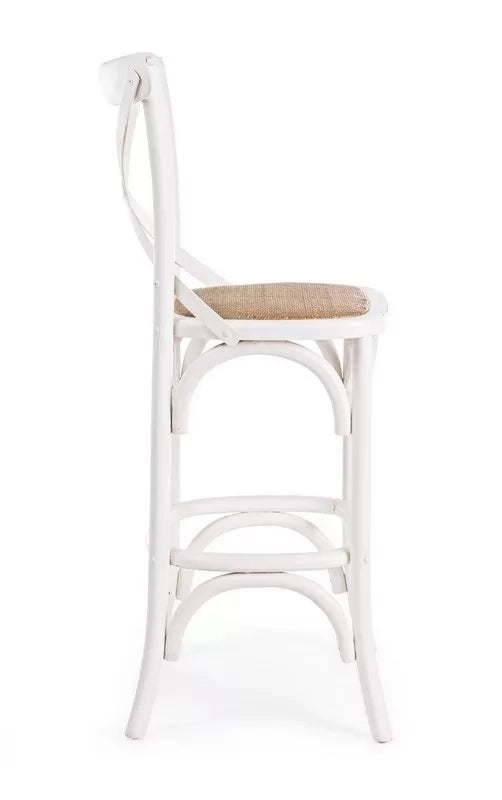 Sgabello cross bistrot shabby bianco legno olmo seduta rivestita rattan naturale 50x55x116 - Mobili 2G