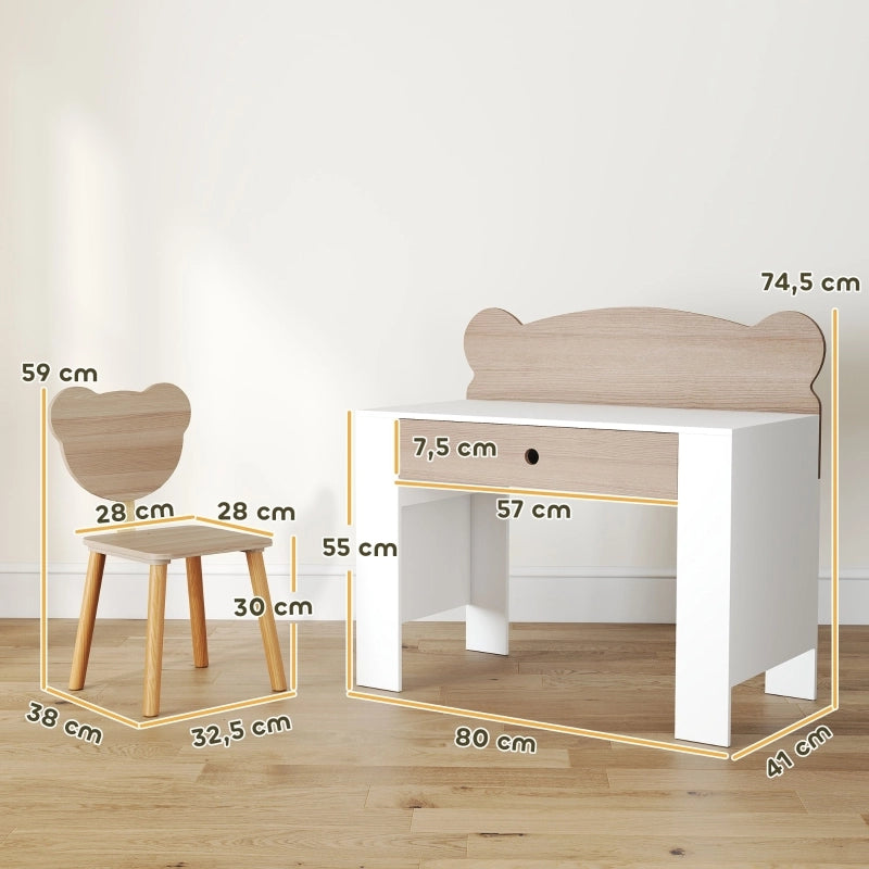 Set scrivania per bambini con sedia, cassetto e schienale a forma di orso, in legno naturale