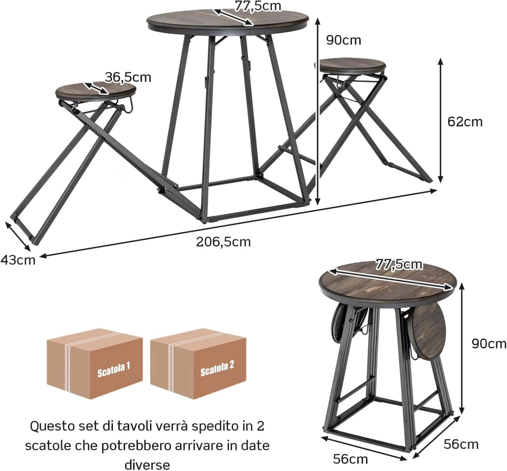 Set Tavolo da Pranzo 3 Pezzi, Tavolo Rotondo e 2 Sgabelli Pieghevoli in Metallo, Set di Mobile per 2 Persone per Piccoli Spazi, Appartamento, Cucina e Sala da Pranzo