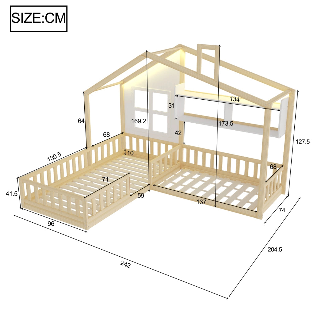Letto per bambini 90x200 cm con LED e ripiani bianco o colore naturale