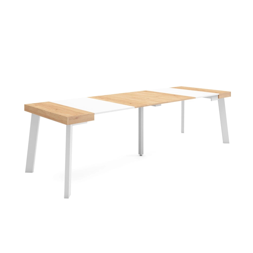 Consolle allungabile, 262x90x73cm, Per 12 persone, Gambe in legno, colore Rovere e bianco RF3114