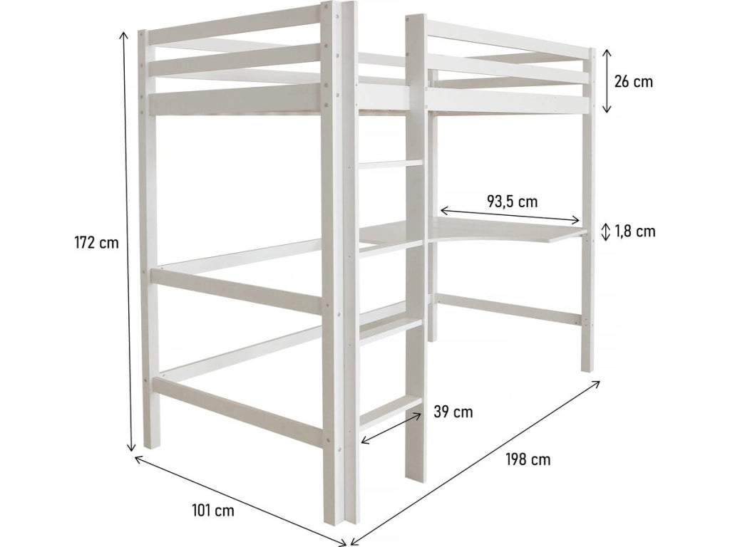 Letto per bambini a soppalco con scrivania "Angéla" 90 x 190 cm - Bianco