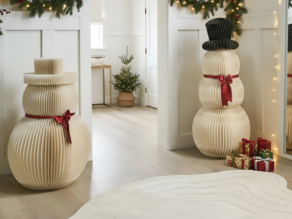 Set di 2 statuine natalizie Pupazzo di neve Beige Carta a nido d'ape Effetto 3D Stile Origami Motivo festivo