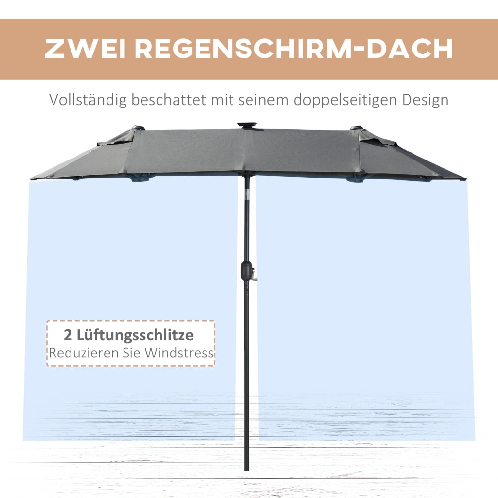 Ombrellone doppio inclinabile con pannello solare e LED ¨C zephmum ¨C grigio, acciaio, 292x150x218 cm