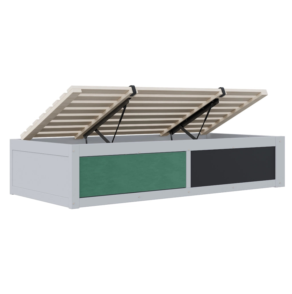 Letto per bambini 90x200 cm con contenitore idraulico; lavagna e spazio libri in legno grigio