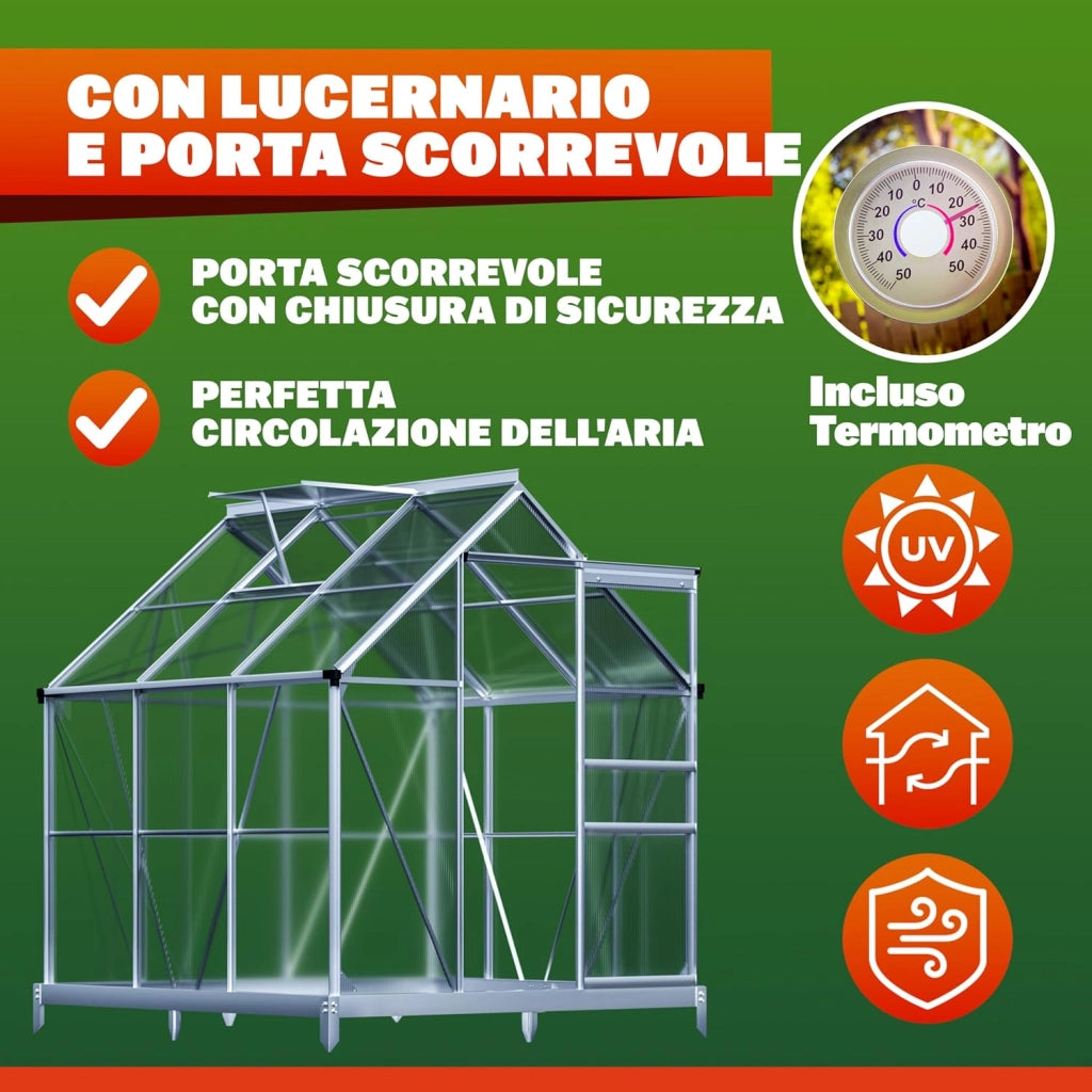 ® Serra da Giardino in Alluminio 3,6m² 190x190cm incl. Lucernario Coltivazione Orto per Piante Giardinaggio 5,8m³