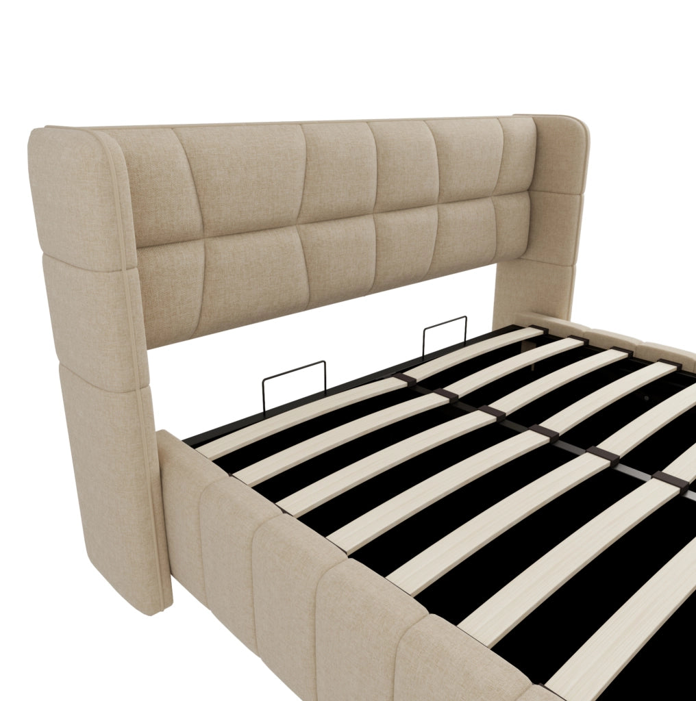 Letto imbottito 140x200 cm con vano contenitore e testiera rivestita beige